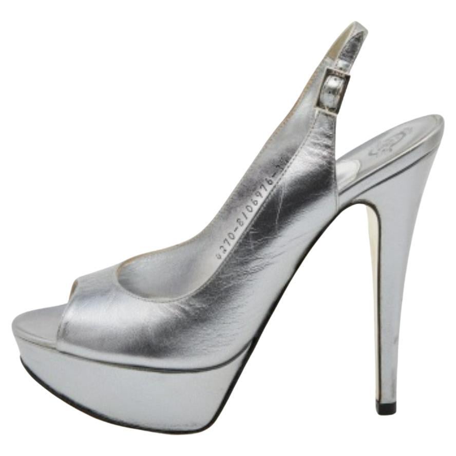 Gina Metallic Grey Leather Open Toe Platform Slingback Pumps Taglia 36.5