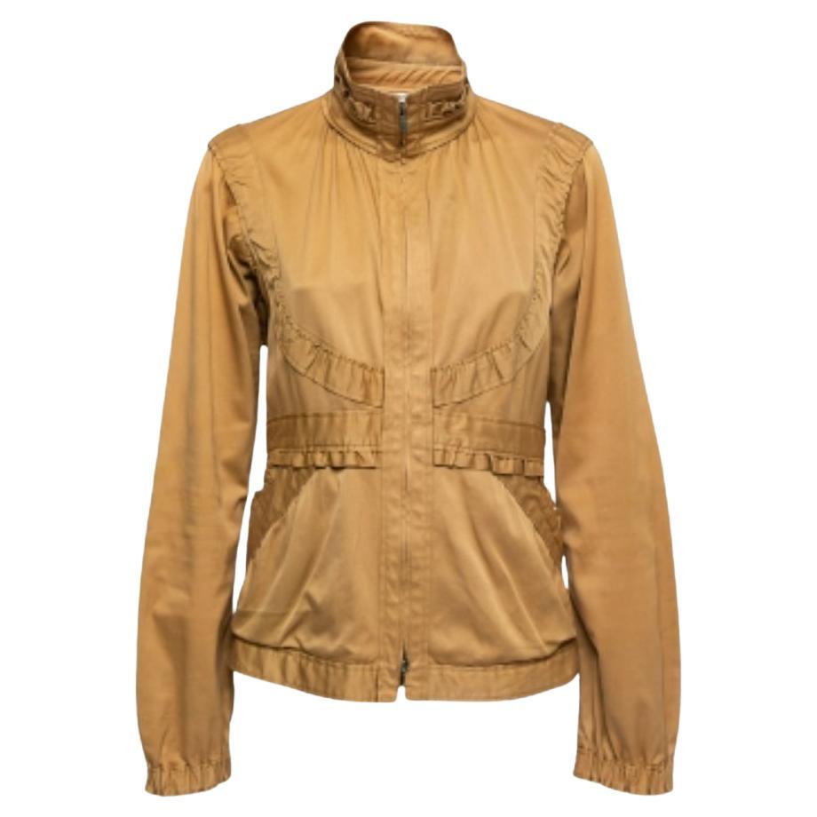 Yves Saint Laurent Tan Brown Ruffled Cotton Zip-Up Jacket L (Veste zippée en coton à volants) en vente