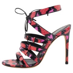 Sergio Rossi Pink/Black Python Leather Ankle Tie Up Strappy Sandals Size 36