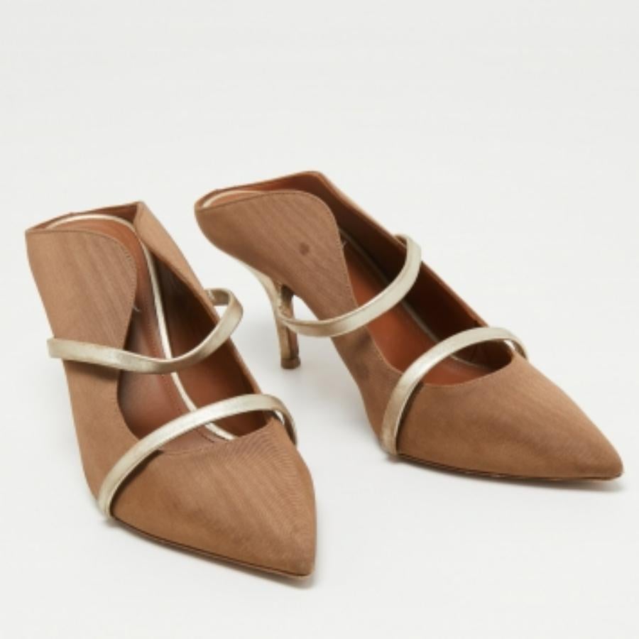 Malone Souliers Mules in tessuto e pelle marrone/oro taglia 38.5 in vendita 1