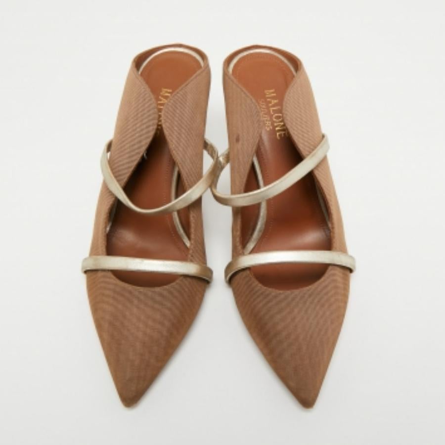 Malone Souliers Mules in tessuto e pelle marrone/oro taglia 38.5 in vendita 4