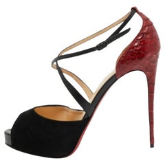 Christian Louboutin Black/Red Leather, Suede & Python Cross Me Sandals Size 40.5