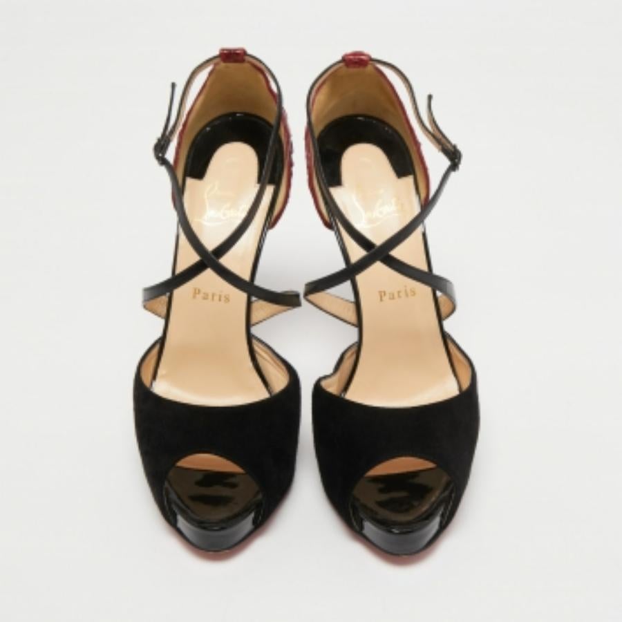 Christian Louboutin Black/Red Leather, Suede & Python Cross Me Sandals Size 40.5 For Sale 4