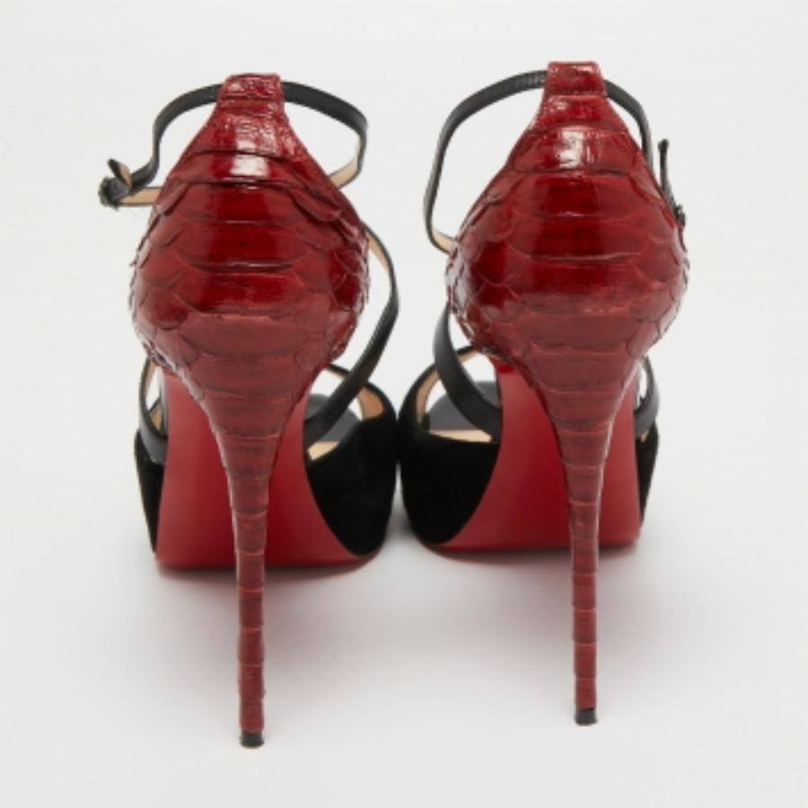 Christian Louboutin Black/Red Leather, Suede & Python Cross Me Sandals Size 40.5 For Sale 3