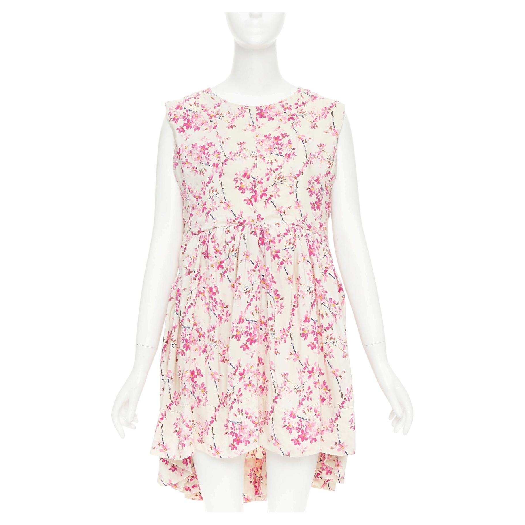 BALENCIAGA 2010: minivestido de seda en tonos beige y rosa con estampado floral de ciruelos y fruncidos, talla FR36 S