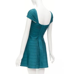 HERVE LEGER abito bandage verde acqua con maniche a cuore e svasato S