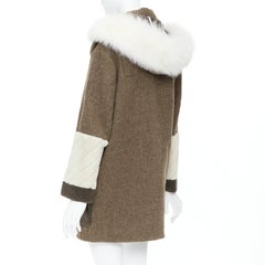 Fendi cappotto parka con cappuccio in lana marrone patchwork con pelliccia IT38 XS