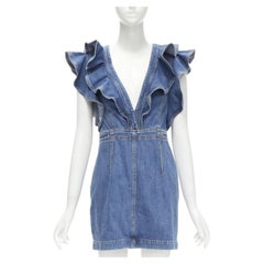 PHILOSOPHY DI LORENZO SERAFINI blue denim ruffled plunge neck dress IT38 XS