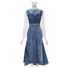ALEXANDER MCQUEEN 2021 Runway washed denim shadow bodice midi dress IT38 XS