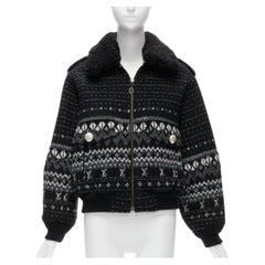 LOUIS VUITTON black LV logo intarsia argyle wool boxy aviator jacket FR34 XS