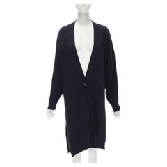 HERMES 100% cashmere Medor leather button navy black long line cardigan FR36 XS
