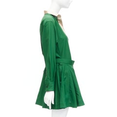 SACAI 2022 cream satin collar placket green belted pleated layered dress JP1 S