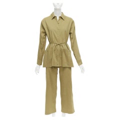 THEORY olive green linen blend tie belt relaxed jacket wide leg pants set US0 XS
