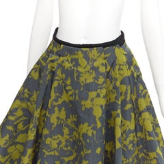 LOUIS VUITTON green floral jacquard velvet trim LV zip flared skirt