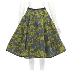 LOUIS VUITTON green floral jacquard velvet trim LV zip flared skirt