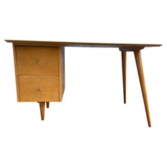Mid-Century Paul McCobb #1560 Double Drawer Desk Blonde Maple Finish Brass Pulls