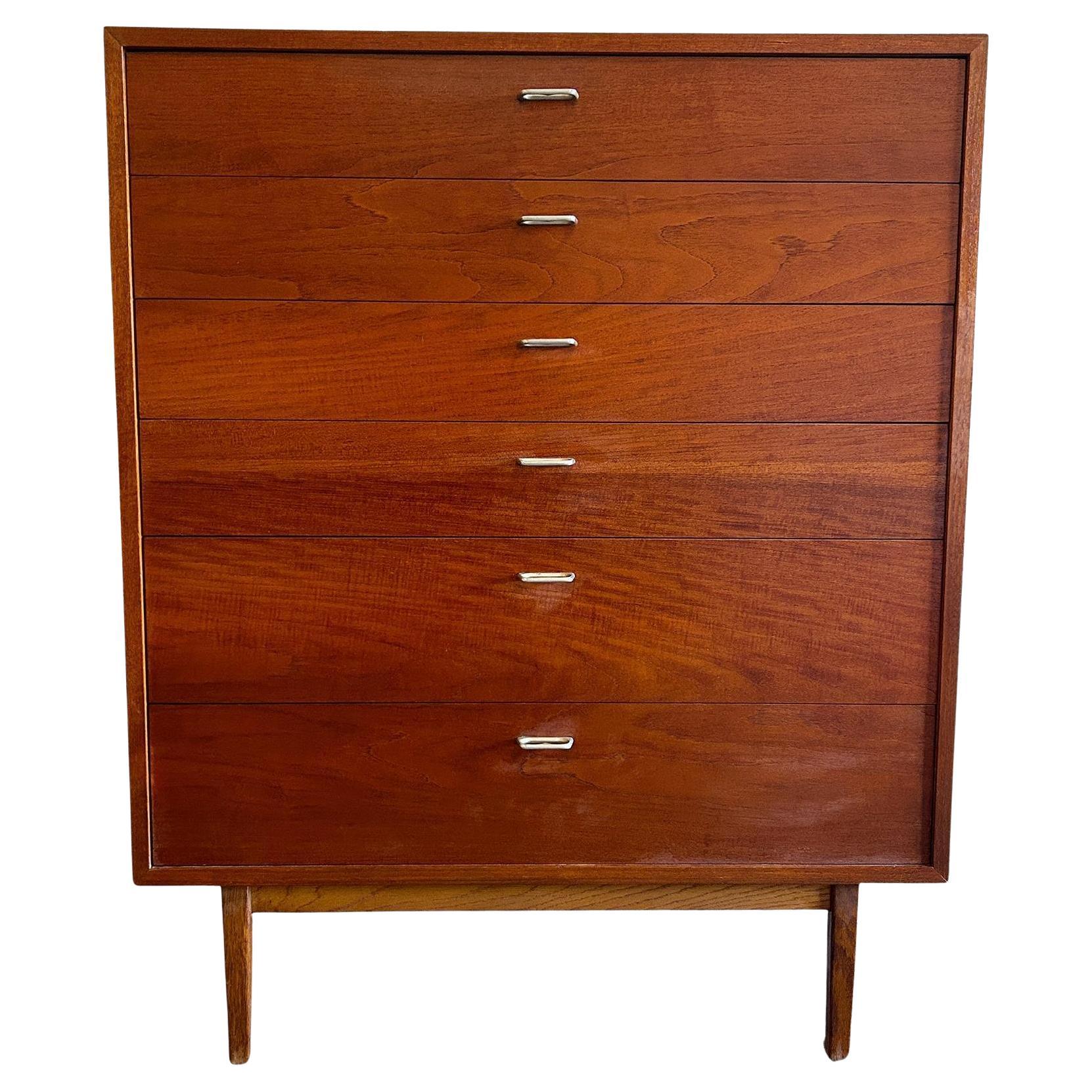 Mid century Modern 6 Drawer Tall Walnut Dresser with Aluminum Finger Pulls For Sale