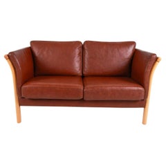 Mid century Danish Modern Beautiful brown leather 2 Sofa Birch Frame