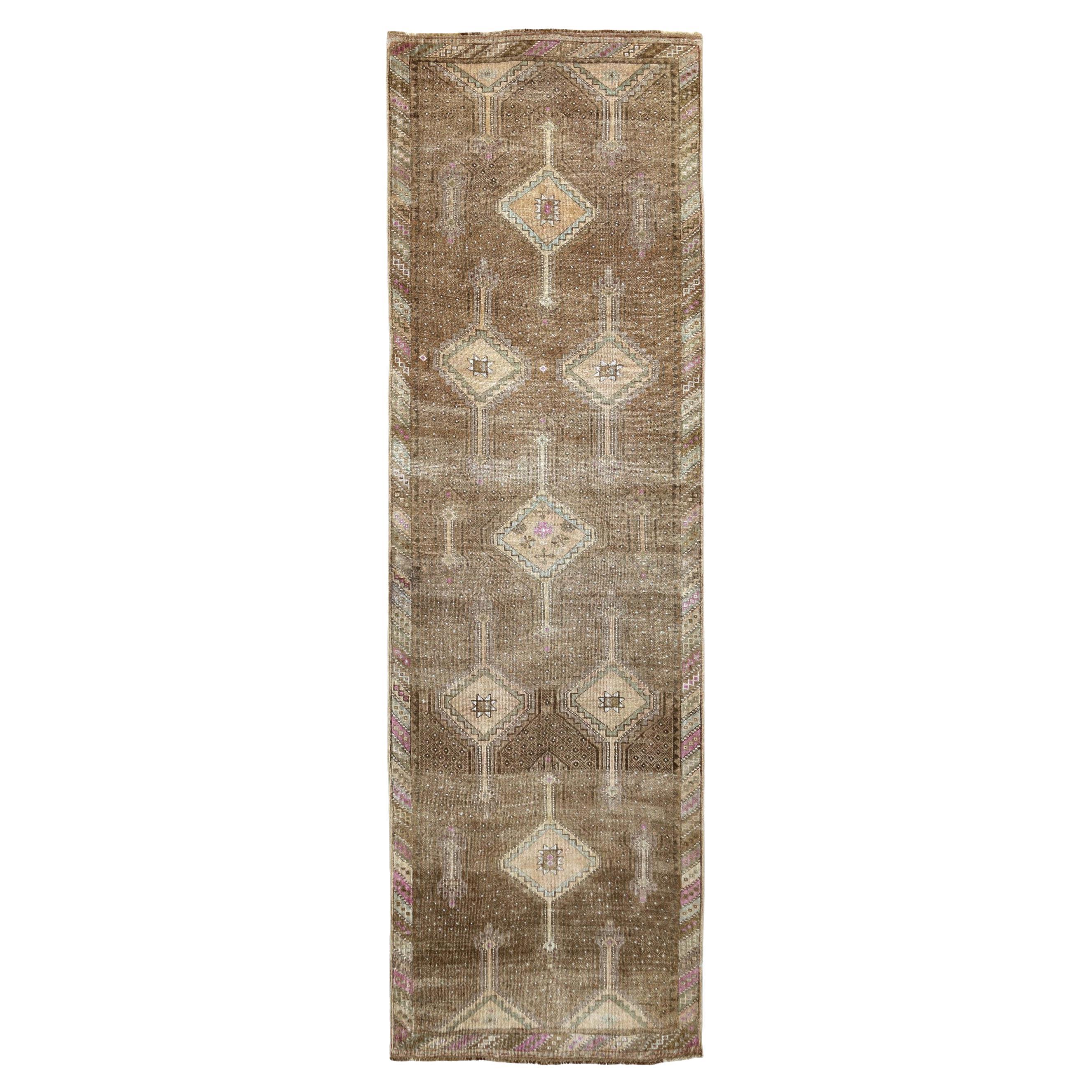 Turkey Anatoly Runner Rug - Wool Brown Ivory Design - 93259 For Sale