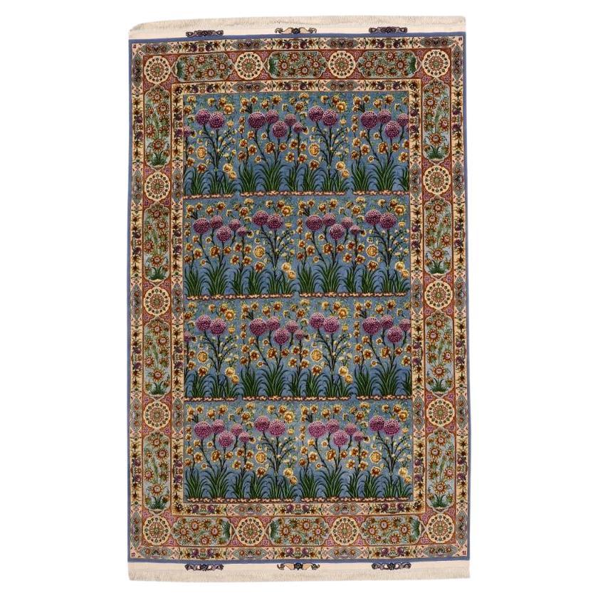Persische Täbris-Teppiche - Wolle und Seide Blau Elfenbein Purpel - 98035 im Angebot