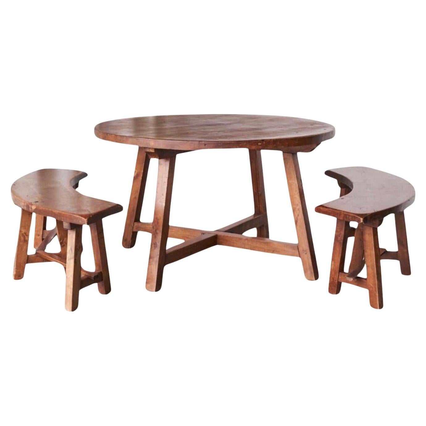 Scandinavian Cabinetmaker Rustic Set of Table and Benches in Solid Pine 1940s