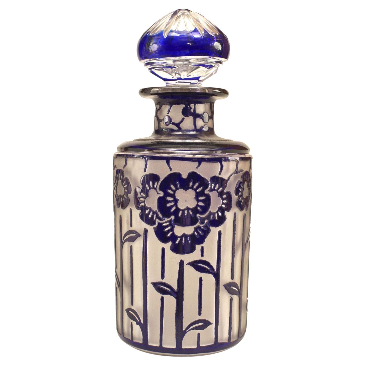 French Art Deco Frosted Glass Floral Perfume Bottle For Sale