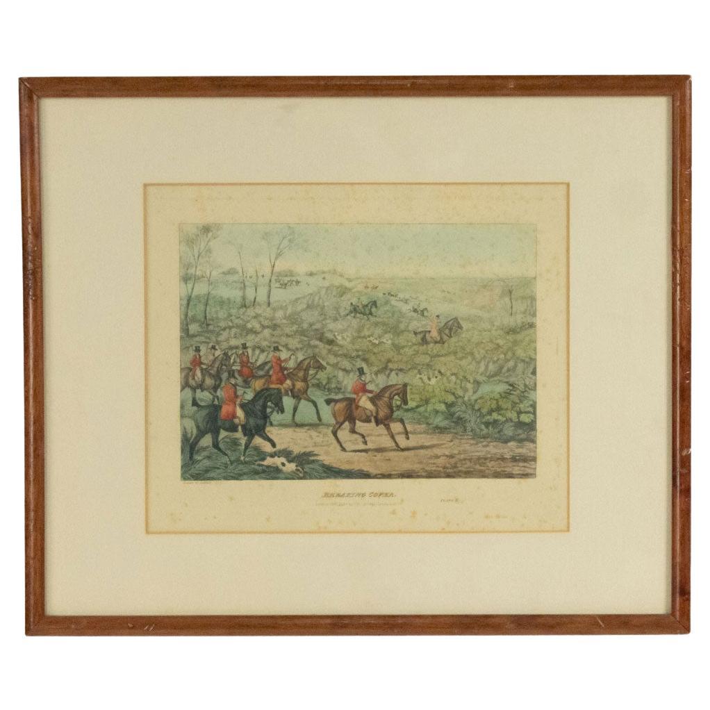 19th Century Colored Foxhunting Engraving in Oak Frame