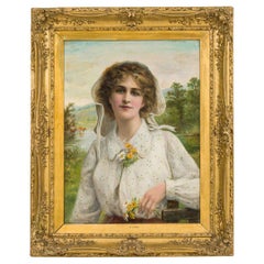 Victorian Gilt Framed Oil Portrait of Young Lady, 19th Century, Signed