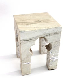 Mughal Side Table (White Marble), Hand-Carved Mehrab Stone Table