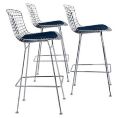 2015 Set of Three Harry Bertoia for Knoll Bar Stools in Chrome with Blue Pads