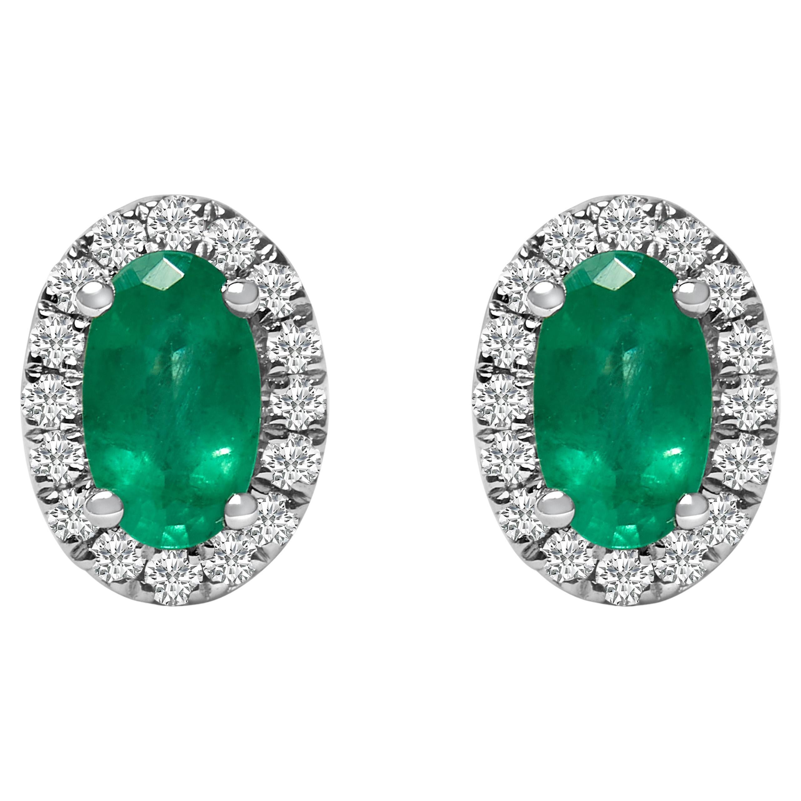 Orecchini a lobo in oro bianco 10K 5x3 MM con smeraldo verde ovale e diamanti