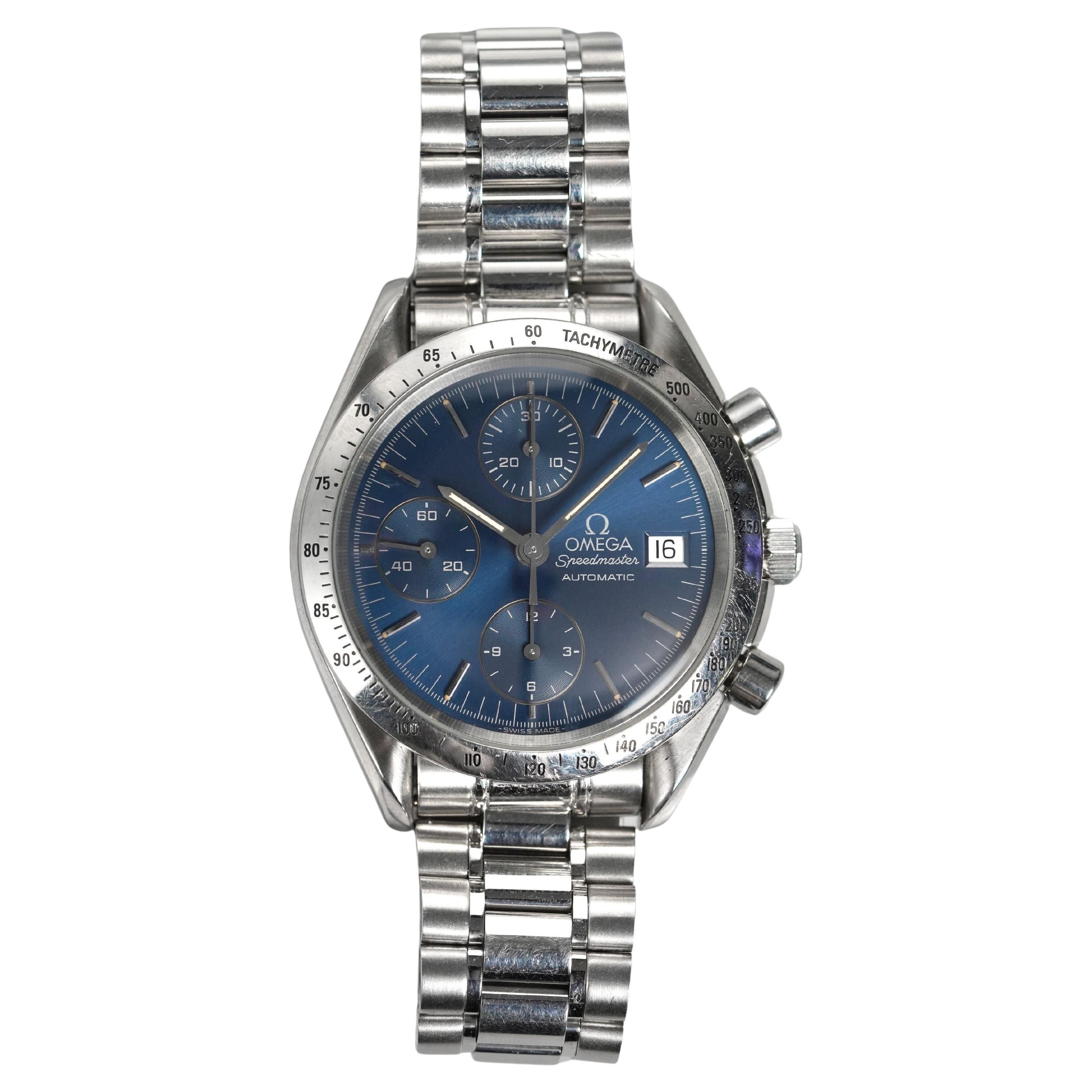 Omega Speedmaster Blue Dial Watch in Steel, 1990s For Sale
