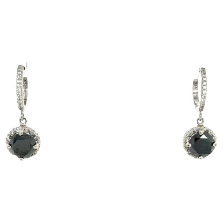 3.14 Carat Black Diamond White Diamond White Gold Dangle Earrings For Sale