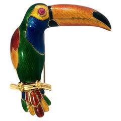 Bulgari Enamel Toucan Brooch 18K Yellow Gold Ruby Eye