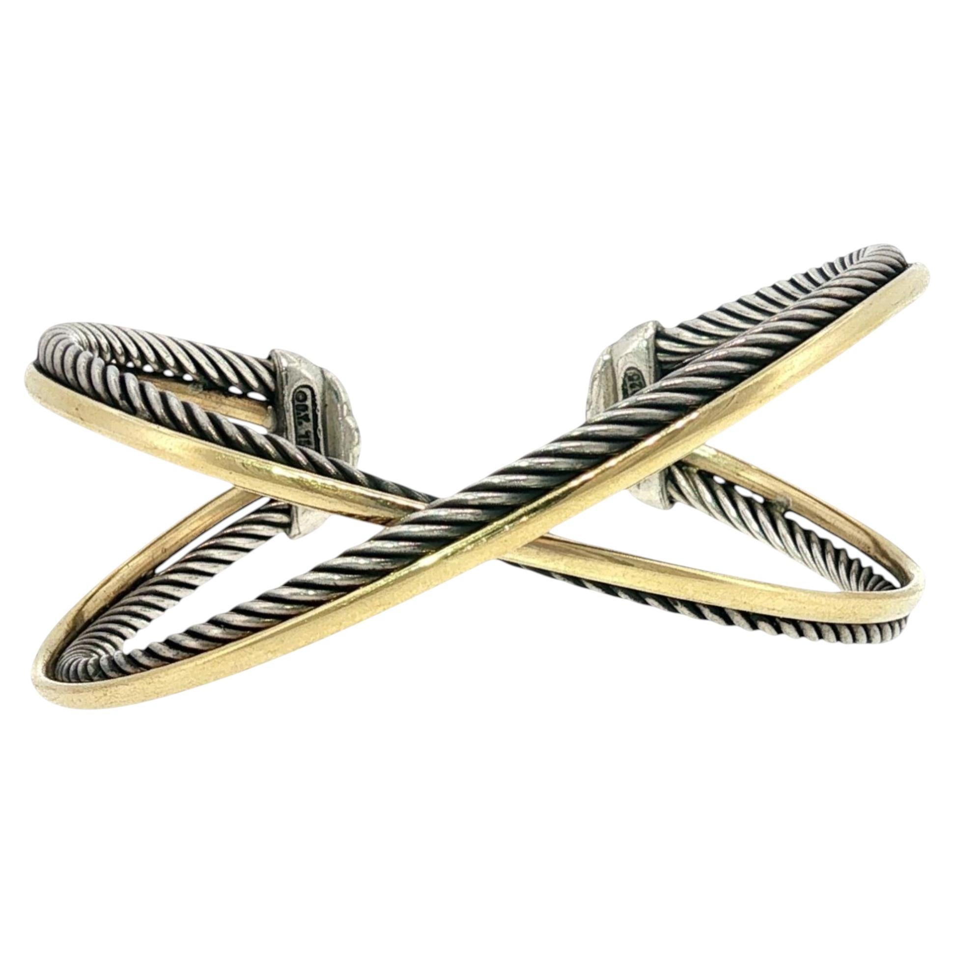 David Yurman Two Row Crossover Bracelet Sterling Silver 18K Yellow Gold
