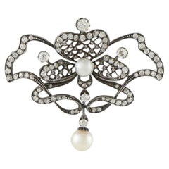 Antique 14K White Gold and Silver 1.70ct Diamond and Pearl Brooch MF05-080326