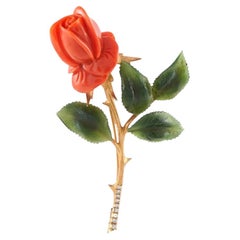 14K Rose Gold Diamond, Coral, and Jade Flower Brooch MF08-073026
