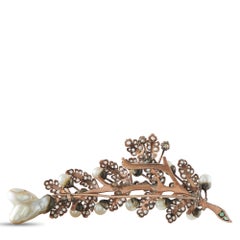 Antique 14K Rose Gold and Silver Rose-Cut Diamond, Emerald and Pearl Leaf Brooch