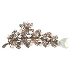 Antique 14K Rose Gold and Silver Rose-Cut Diamond, Emerald and Pearl Leaf Brooch