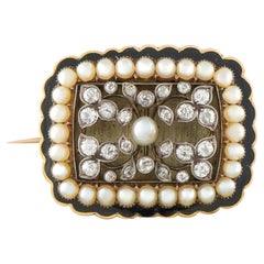Antique 14K Rose Gold Diamond, Pearl, and Enamel Brooch MF08-082426
