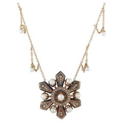 Collana antica in oro giallo e rosa 14 carati con diamanti e perle naturali MF16-080426