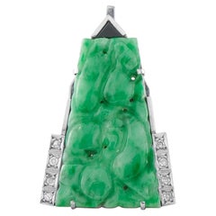 14K White Gold Diamond Carved Jade Art Deco Brooch MF04-082526