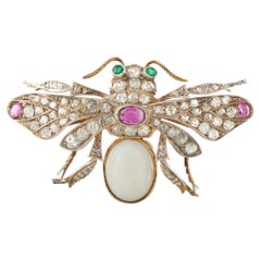 14K Yellow Gold and Silver 3.0ct Diamond, Opal, and Ruby Bee Brooch MF08-080426