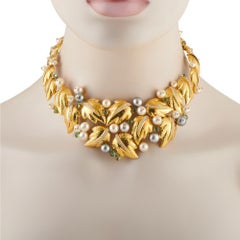 Chaumet 18K Yellow Gold 2.20ct Diamond, Pearl & Tourmaline Foliage Bib Necklace