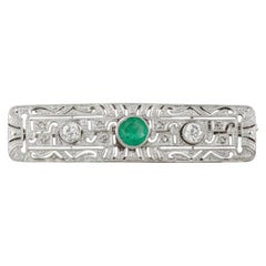 Antique 18K White Gold 0.50ct Diamond and Emerald Bar Brooch MF13-082526