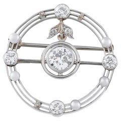 Antique 18K White Gold 0.85ct Diamond and Pearl Round Brooch MF15-082526