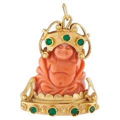 18K Yellow Gold Carved Coral and Emerald Happy Buddha Pendant MF30-080426
