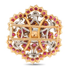 Antique French 18K Yellow Gold 0.50ct Diamond, Ruby, and Emerald Cluster Brooch