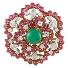 Antique French 18K Yellow Gold 0.50ct Diamond, Ruby, and Emerald Cluster Brooch