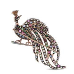 Antique 14K Rose Gold & Silver Diamond, Ruby, Sapphire & Emerald Peacock Brooch